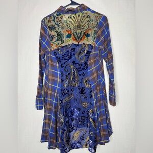 Aratta Silent Journey Womens Plaid Velvet Button Down Tunic Top Sz S Artsy Boho